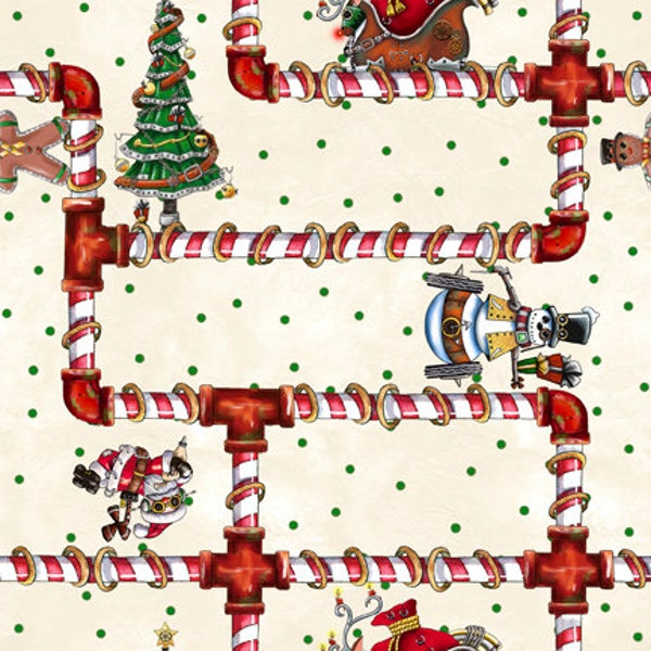 Steampunk Christmas - Desiree Designs for QT Fabrics - Candy Cane Pipes White  28903 E  - Priced by the half yard