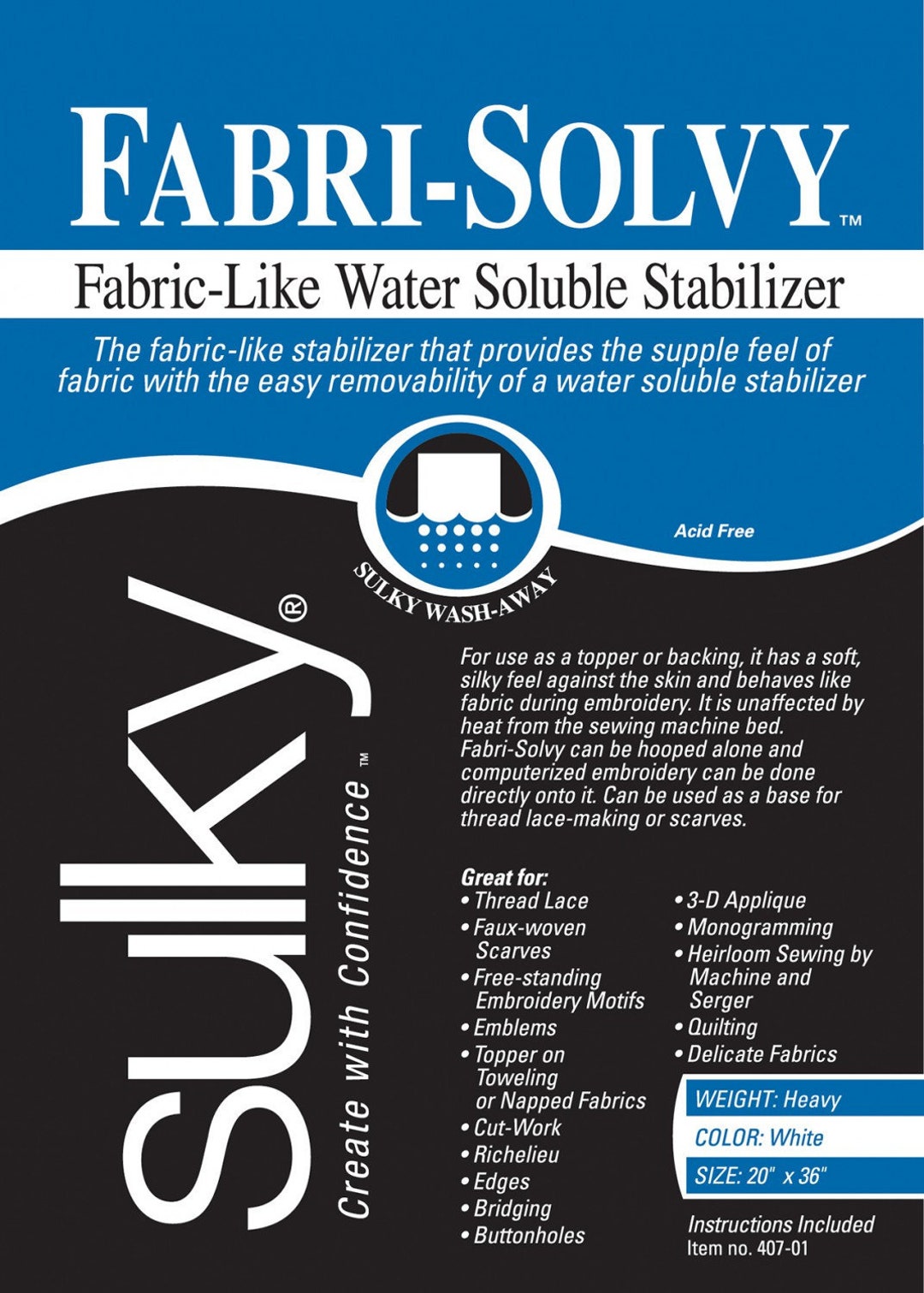 Sulky Fabri-solvy Water Soluble Stabilizer Heavy Weight Embroidery  Stabilizer Precut Sheet 20 X 36 One per Pack 407 01 White 