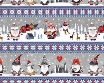 Nordic Gnomes Border Stripe - 2886 Grey - Gail Cadden for Timeless Treasures - Priced by the 1/2 Yard