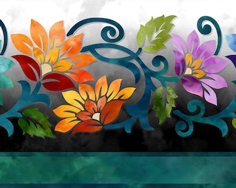 Prism Floral Border - 1JYQ 1 Teal - In The Beginning Fabric - Priced by the half yard
