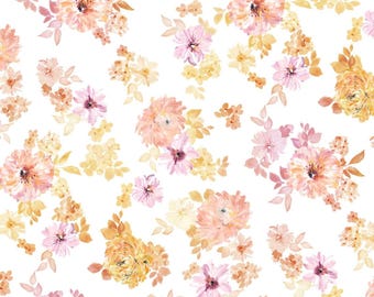 Painted Petal Tossed Spaced Floral - PNB 5312 W - Pink & White  - Priced by the half yard
