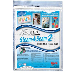 May include: A white package with a blue border and the text "Steam-A-Seam 2" in blue. The package contains a double stick fusible web for quilting, crafting, and home sewing. The package is 9 inches by 12 inches and contains 5 sheets. The package is made in the USA.