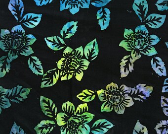 Bali Hawaii II - 9175 12 Black with Blue/Green Small Hibiscus - Benartex Batik Priced by the half yard