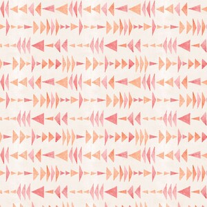 May include: A seamless pattern featuring rows of pink and orange watercolor triangles on a white background.