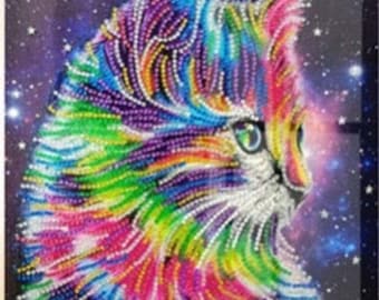 Uniquely Crafts 5D Diamond Painting Kit - Rainbow Cosmic Cat 10"x10" - Beginner - Partial Drill - Sold by the Kit