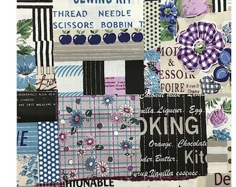 Yuwa Fabric - Suzuko Koseki 826152 D Fifties Sewing, Wonderful Scrap - Blue Purple Gray - Priced by the 1/2 yard