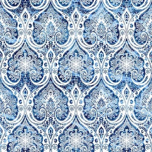 May include: A seamless pattern featuring a white damask design on a blue background. The pattern is intricate and detailed, with a repeating motif of stylized flowers and leaves.