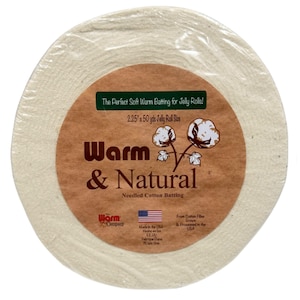 May include: A roll of Warm & Natural needled cotton batting, 2.25" x 50 yds, for jelly rolls. The packaging features a brown label with the brand name, cotton plant illustrations, and text: "The Perfect Soft Warm Batting for Jelly Rolls!" Made in the USA.
