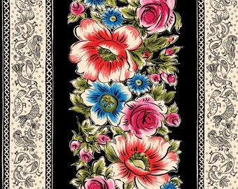 Curio Cabinet Fabric by Maywood Studio - Floral Border Stripe - 10132 J Black - Priced by the Half yard