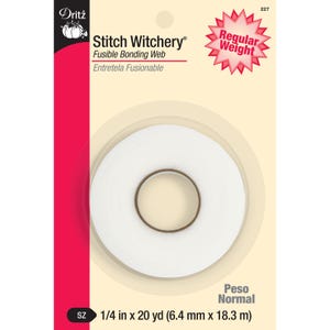 May include: A package of Dritz Stitch Witchery fusible bonding web. The package is cream-colored with a red and black stripe on the left side. The product is a white roll of fusible tape, 1/4 inch x 20 yards (6.4 mm x 18.3 m).