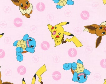 Pokémon - Tossed Character - Pikachu Eevee Squirtle - Kaufman AOQ 744 196 Pink - Priced by the half yard