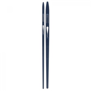 May include: Two dark blue knitting needles are displayed against a white background. The needles are long and slender, with a pointed end and a flat, wide end. The text "Clover - Japan" is printed on the needles.