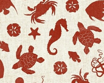 Nautical Fabric - Crab Turtle Sea Horse - Hidden Cove Sea Emblems - Sue Schlabach - Windham - 40431 Red - Priced by the 1/2 yard