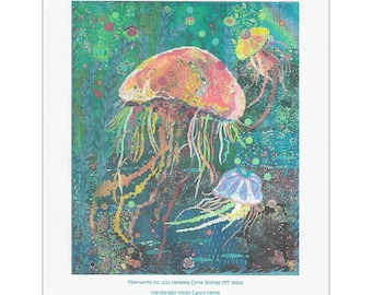 Jellie Fish Collage Quilt -  Jelly Fish - Laura Heine - 38"x45"  DIY Pattern Or Batik Kit Option - full size reusable template pattern