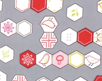Sew Stitchy Hexagons Fabric by Aneela Hoey for Moda Fabrics 18542 15 Needle (Gray) - Priced by the 1/2 yard