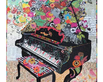 Piano Collage - Laura Heine - Applique Quilt -  Floral Grand Piano 36"x43" DIY Pattern Or Kit Option - full size reusable template pattern
