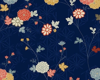 Floral Fabric - Floral Vine Japanese Garden Andover Fabric 1857 B Navy Blue - Priced by the Half Yard