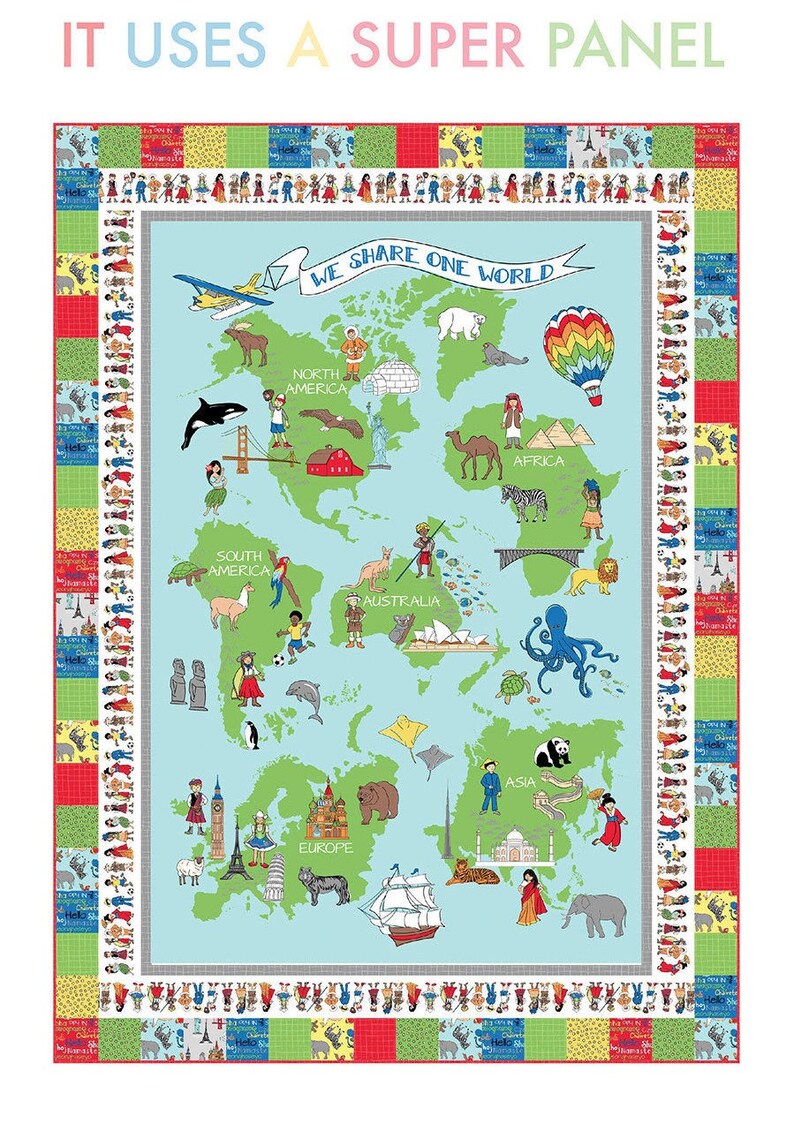 One World Fabric Continents of the World World Kids We Etsy