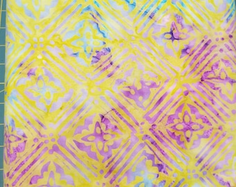 Geometric Floral Batik Fabric - Artisan Indonesian from Majestic Batiks - D273  - Yellow Purple - Priced by the 1/2 yard