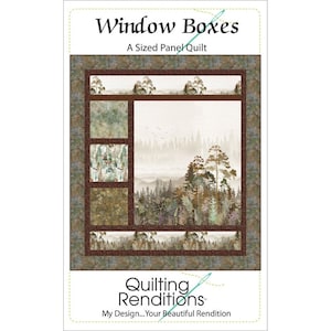 May include: A panel quilt titled "Window Boxes" featuring a forest scene. The quilt has a rectangular design with a central landscape image of trees and mountains, framed by smaller patterned squares and a border. The text "Quilting Renditions" is at the bottom.