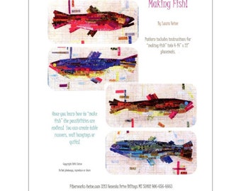 Making Fish Painterly Collage - Laura Heine Fiberworks - (4) Placemats 14" x 22" - Pattern Or Kit Option - full size reusable template