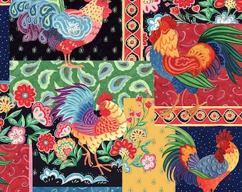 Rooster Montage 60079 - Calico Red Rooster Collection - Springs Creative Designer Prints - Priced by the Half Yard