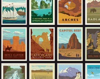 National Parks 63 Parks - (70) Patch Poster C8780 - Anderson Design Group for Riley Blake - BLACK - Priced by the Panel repeat - 20"x44"