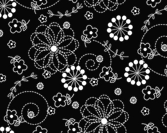 Black Floral - Geometric Doodle by Kimberbell Designs - Maywood Studio 8246 J Black & White -  Priced by the half yard