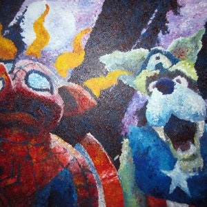 Puede incluir: Una pintura al óleo con dos personajes de superhéroes. Uno es un cerdo con un disfraz de Spider-Man, y el otro es un perro con un disfraz de Capitán América. El fondo es oscuro con una luna llena y formas abstractas.