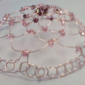 Rose Gold Beaded Wire Kippah for Woman with Garnet Crystals and Pink Glass Beading