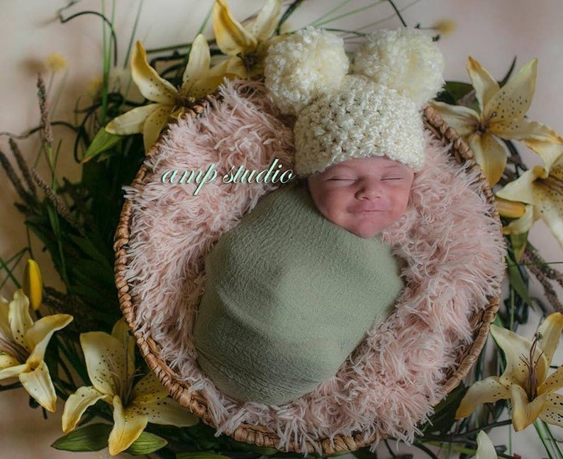 Double Pom-Pom Baby Hat crochet pattern listing photo by LocustTreePatterns