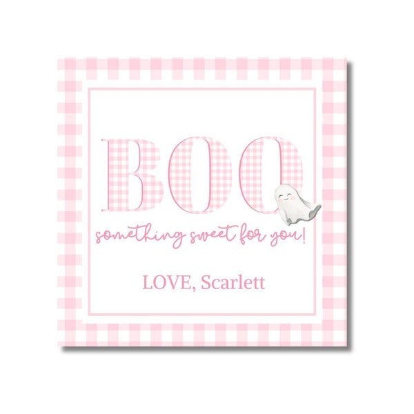 Printable Boo Pink Gingham Halloween Treat Tag School Classroom Card Trick or Treat Grand Millennial Ghost
