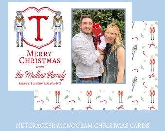 Merry Christmas Card, Grandmillennial Christmas Card, Water Color, Preppy Christmas, Classic Traditional Christmas Nutcracker, Monogram