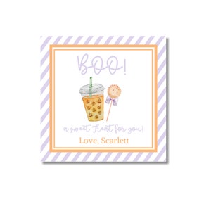 May include: Square Halloween-themed gift tag with a watercolor illustration. The tag features a drink with jack-o'-lantern faces and a cake pop. Text includes "BOO!" and "a sweet treat for you!" with a name.