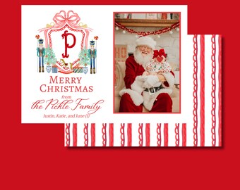 Merry Christmas Card, Grandmillennial Christmas Card, Water Color Christmas Card, Preppy Christmas, Classic, Traditional Christmas, Bow