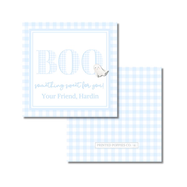 Printable Boo Blue Gingham Halloween Treat Tag School Classroom Card Trick or Treat Grand Millennial Ghost