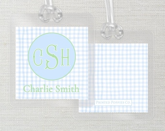 Personalized Kids Luggage Tag | Laminated | Diaper Bag | School Bag ID Tag with Allergies & Contact Info | Bag Tag, Boys, Monogram, Gingham