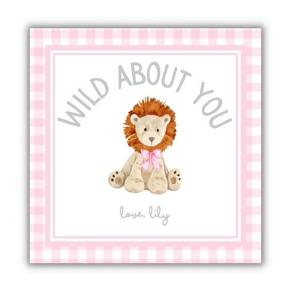 Printable Valentines Day Card for Kids, Valentine Tags, Lion, Wild About You, Pink, Favor Tag, Classroom Treats, School Treat, Gingham