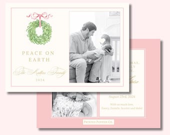 May include: A Christmas card with a wreath and a pink ribbon. The card says "Peace on Earth" and "The Mullins Family 2024". There is a photo of a family with a baby.