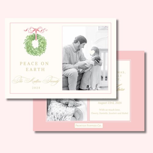 Merry Christmas Card, Grandmillennial Christmas Card, Water Color Christmas Card, Preppy Christmas, Classic, Traditional, Birth Announcement
