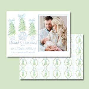 Merry Christmas  Card, Grandmillennial Christmas Card, Water Color Christmas Card, Preppy Christmas, Classic, Traditional Christmas, Bow