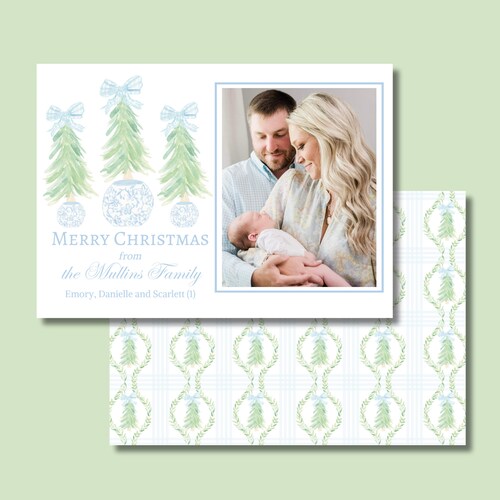 Merry Christmas  Card, Grandmillennial Christmas Card, Water Color Christmas Card, Preppy Christmas, Classic, Traditional Christmas, Bow