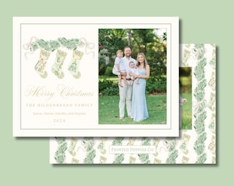 Merry Christmas Card, Grandmillennial Christmas Card Water Color Christmas Card Preppy Christmas, Classic, Traditional Christmas stocking