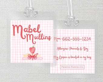 Personalized Kids Luggage Tag | Laminated | Diaper Bag | School Bag ID Tag with Allergies & Contact Info | Bag Tag | Pink Gingham Girl
