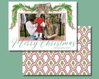 Merry Christmas Card, Grandmillennial Christmas Card, Water Color Christmas Card, Preppy Christmas, Classic, Traditional Christmas, Bow