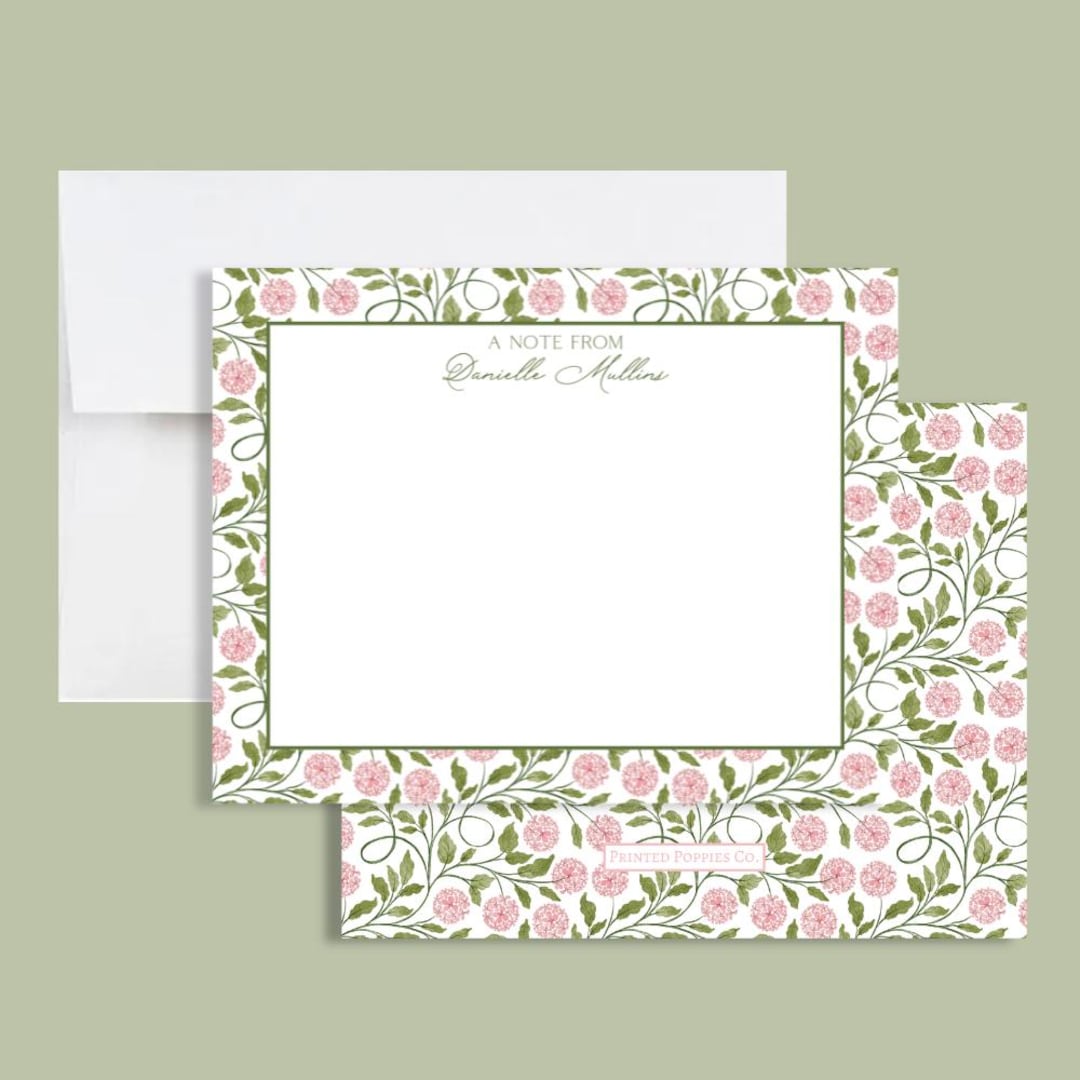 Personalized Floral Green and Pink Block Print Stationery for Women ...