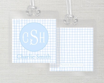 Personalized Kids Luggage Tag | Laminated | Diaper Bag | School Bag ID Tag with Allergies & Contact Info | Bag Tag, Boys, Monogram, Gingham