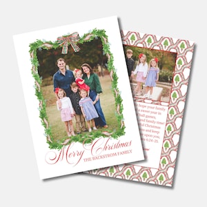 Merry Christmas Card, Grandmillennial Christmas Card, Water Color Christmas Card, Preppy Christmas, Classic, Traditional Christmas, Bow