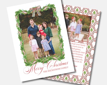 Merry Christmas Card, Grandmillennial Christmas Card, Water Color Christmas Card, Preppy Christmas, Classic, Traditional Christmas, Bow