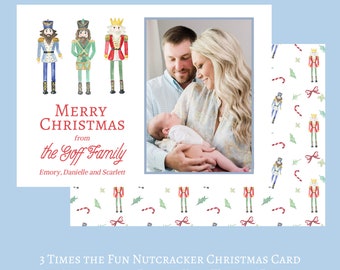 Merry Christmas Card, Grandmillennial Christmas Card, Water Color, Preppy Christmas, Classic Traditional Christmas Nutcracker, Monogram